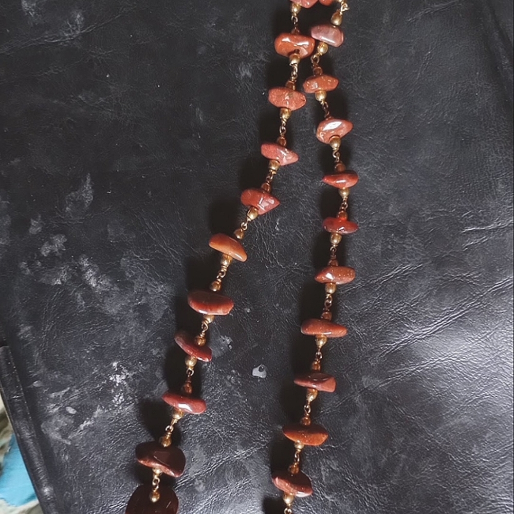 Genuine Red Natural Polished Garnet Chip and Gold Necklace.Vintage